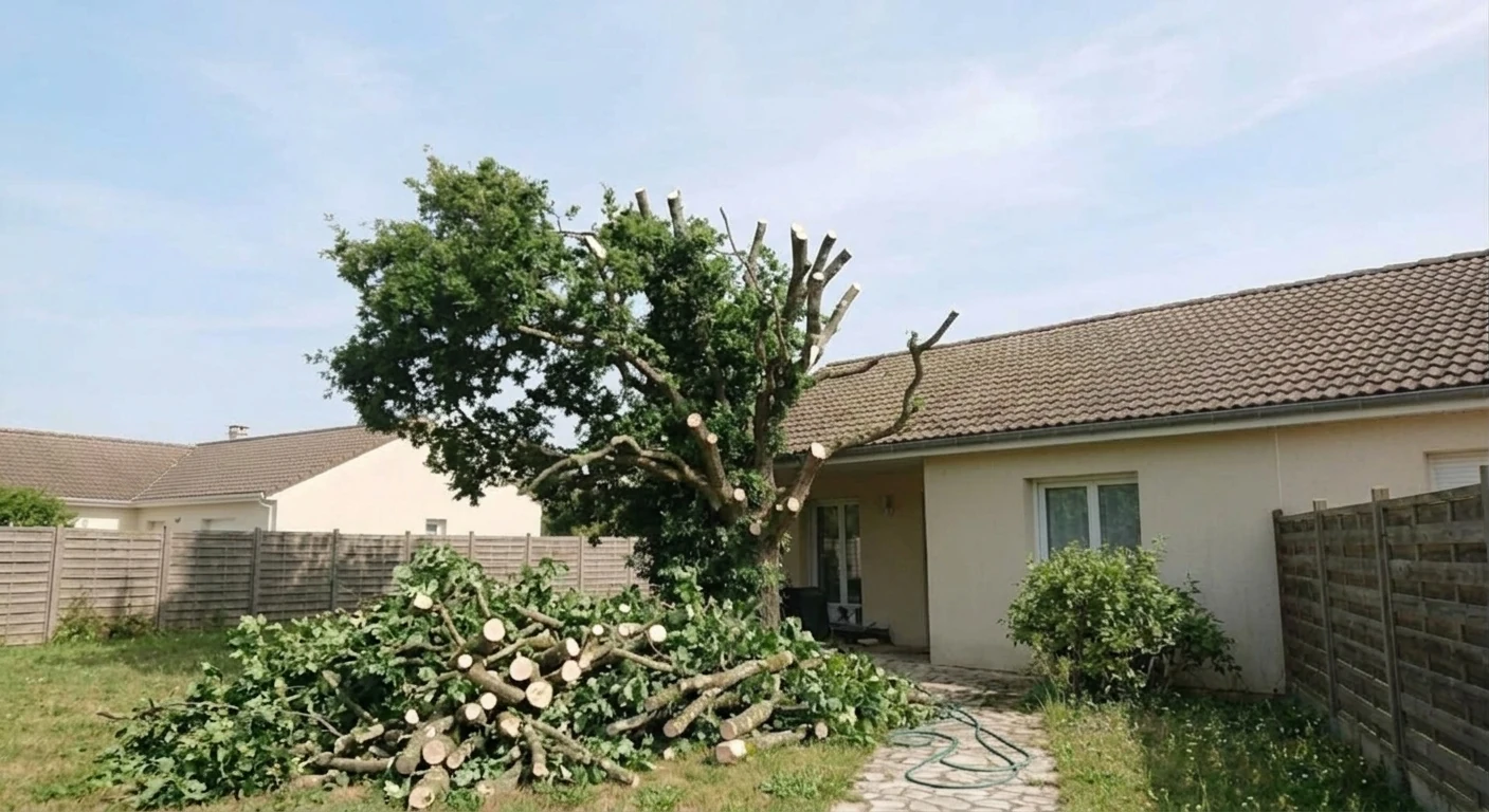 Le même chêne élagué, toit dégagé, bois coupé au pied