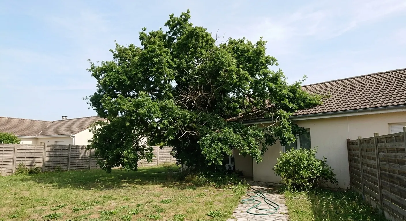 Chêne aux branches basses qui touchent le toit de la maison