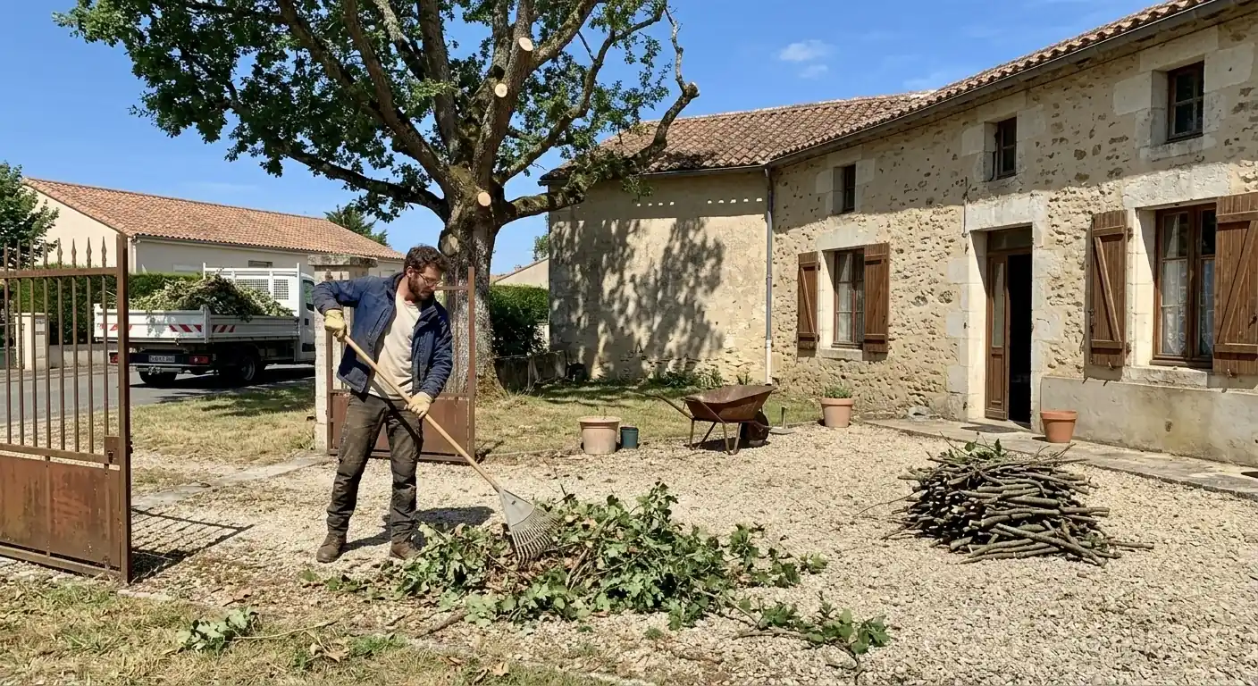 Élagueur qui ratisse les branches dans une cour de maison en pierre